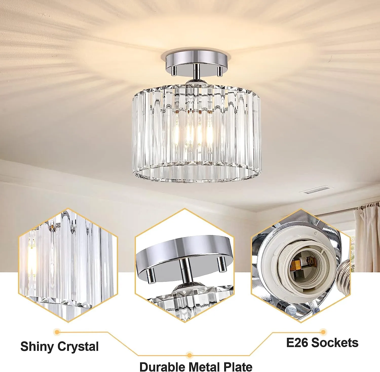 Modern Crystal Semi Flush Mount Ceiling Light Fixture