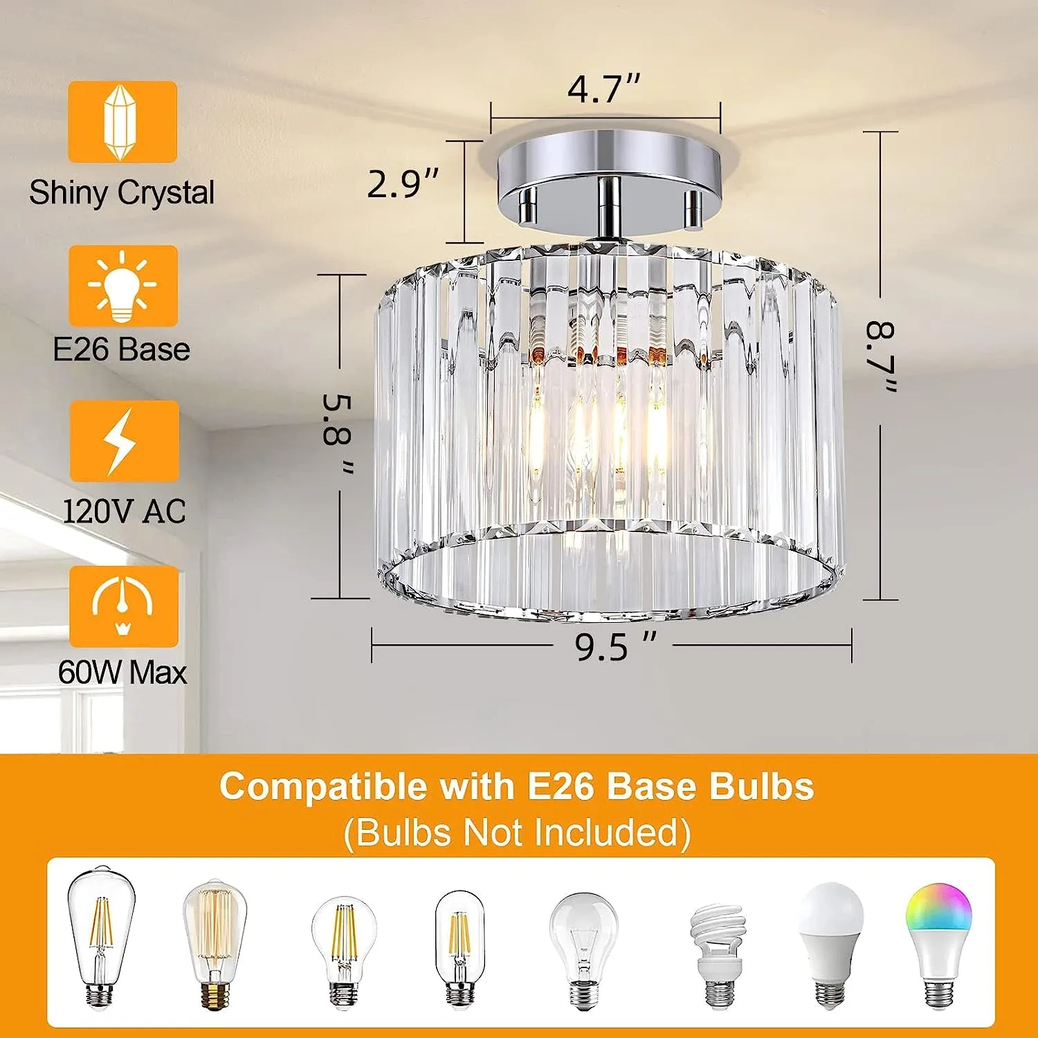 Modern Crystal Semi Flush Mount Ceiling Light Fixture