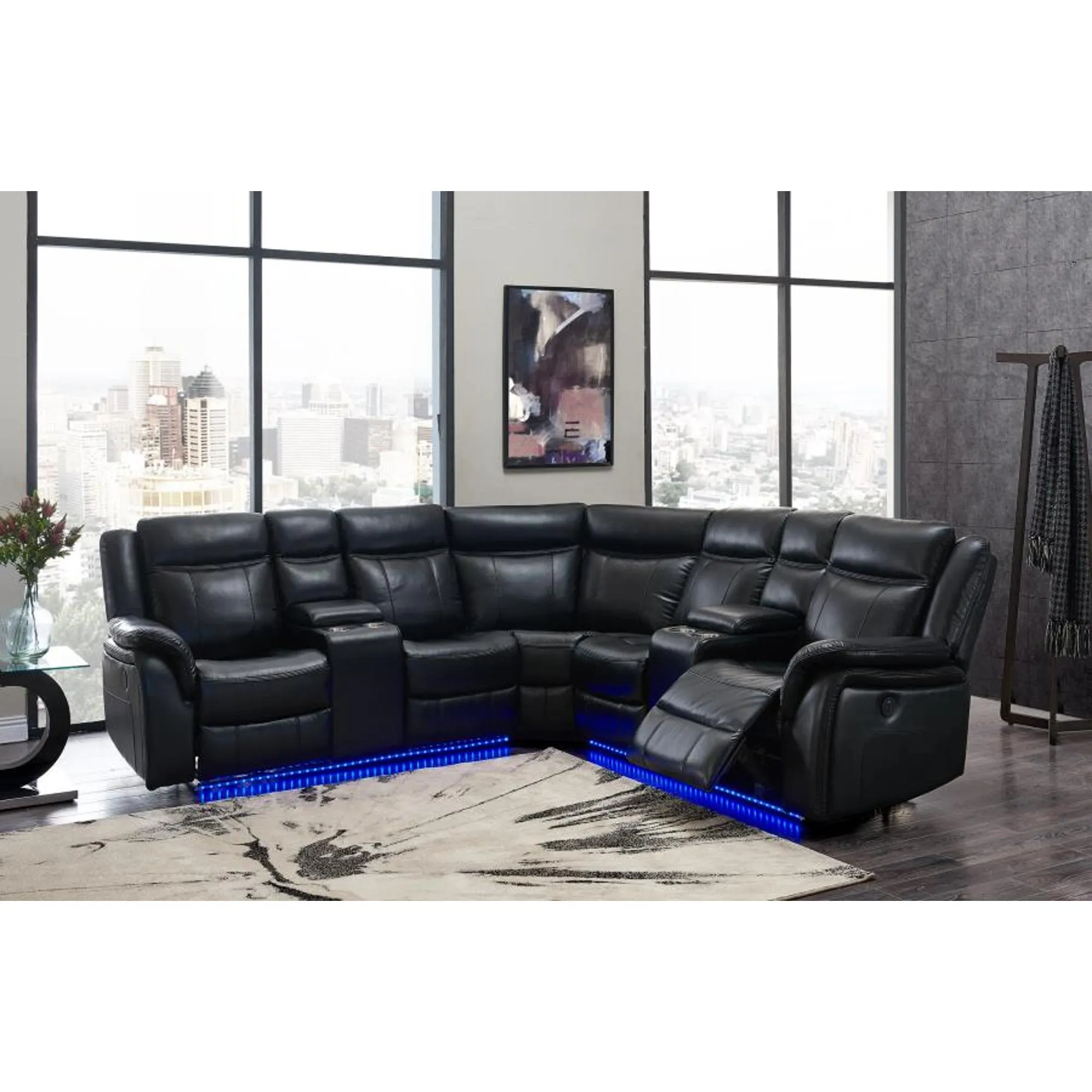 Power Motion Sectional Sofa in Black Leather