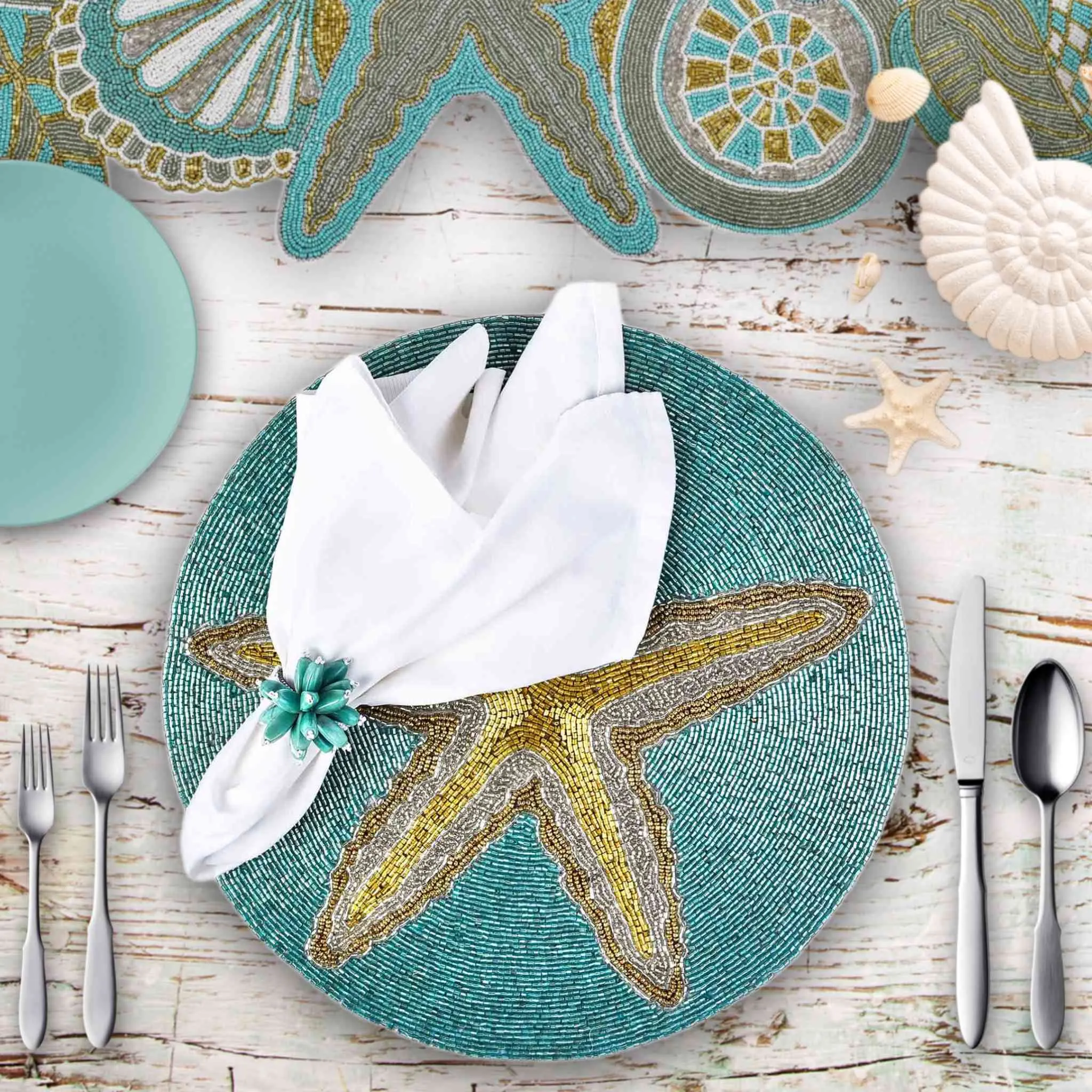 Ringo Starfish Beaded Placemat in Teal & Gold, Set of 2