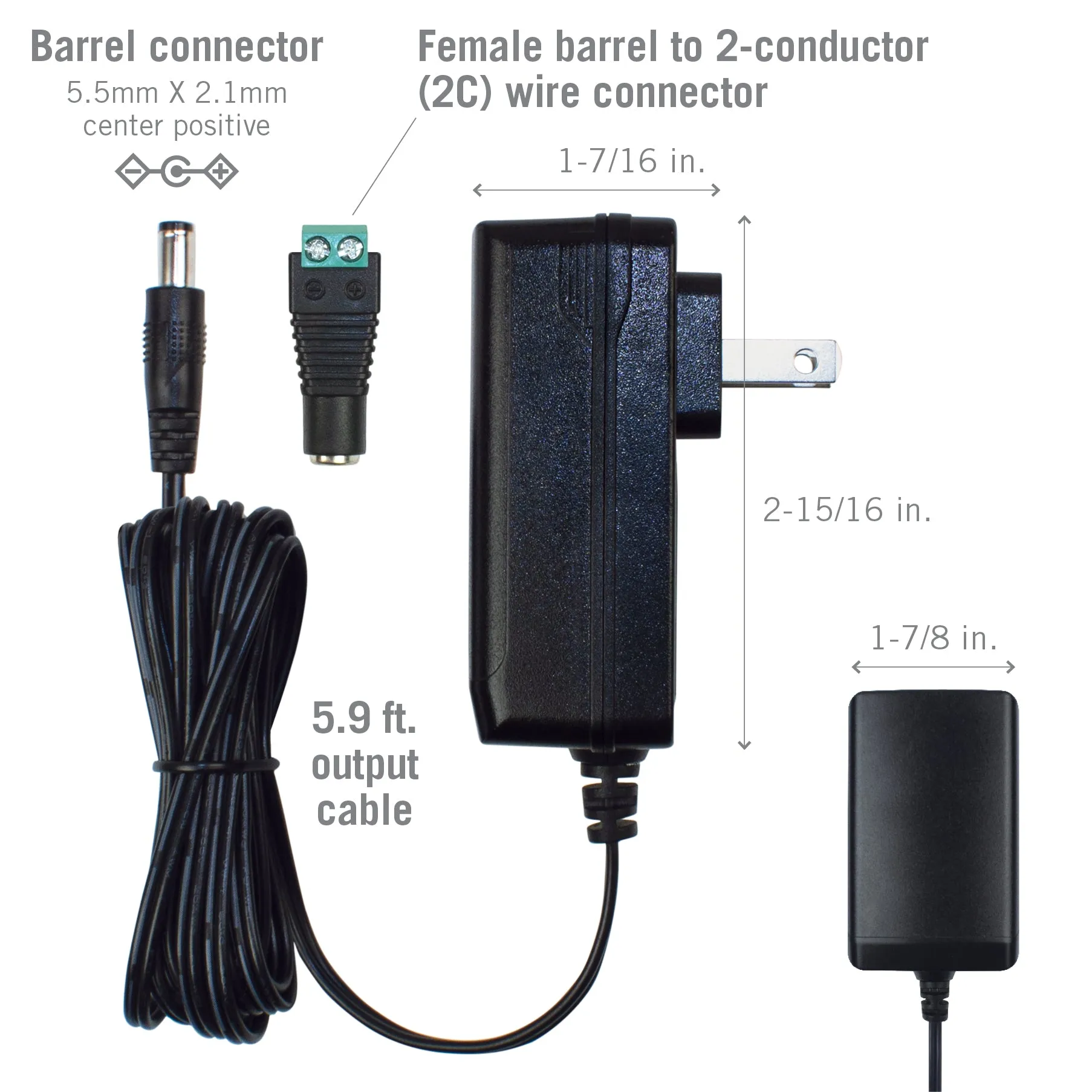 Wall Mount Power Supply Plug with Barrel & Terminal Connector 12V DC