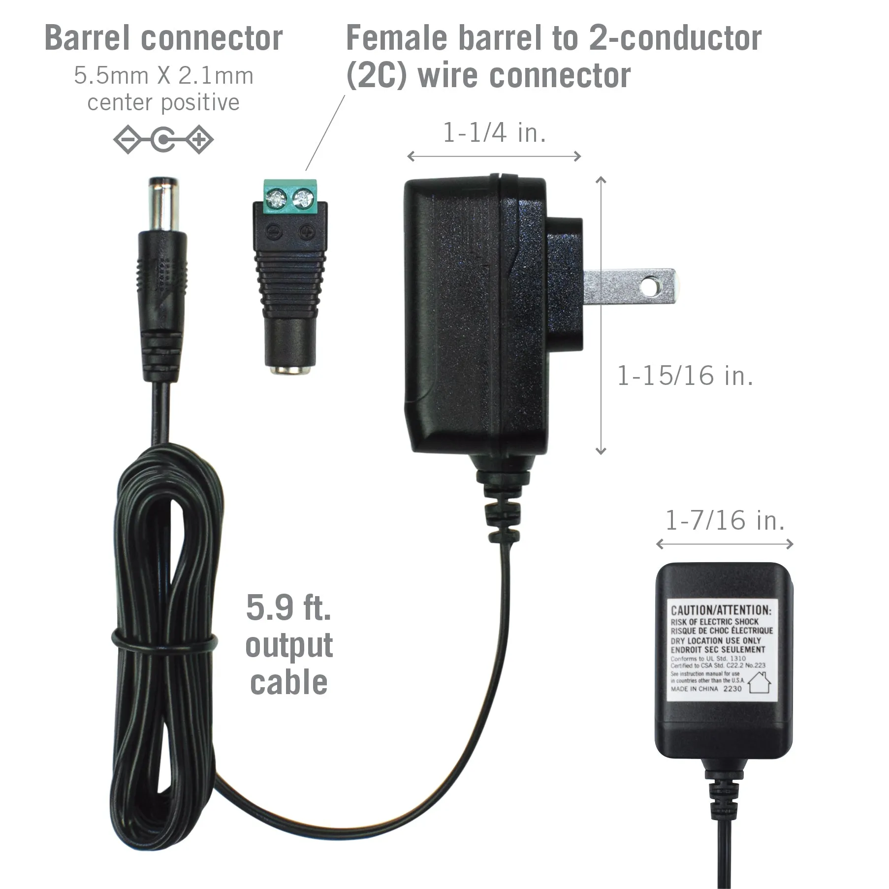 Wall Mount Power Supply Plug with Barrel & Terminal Connector 12V DC