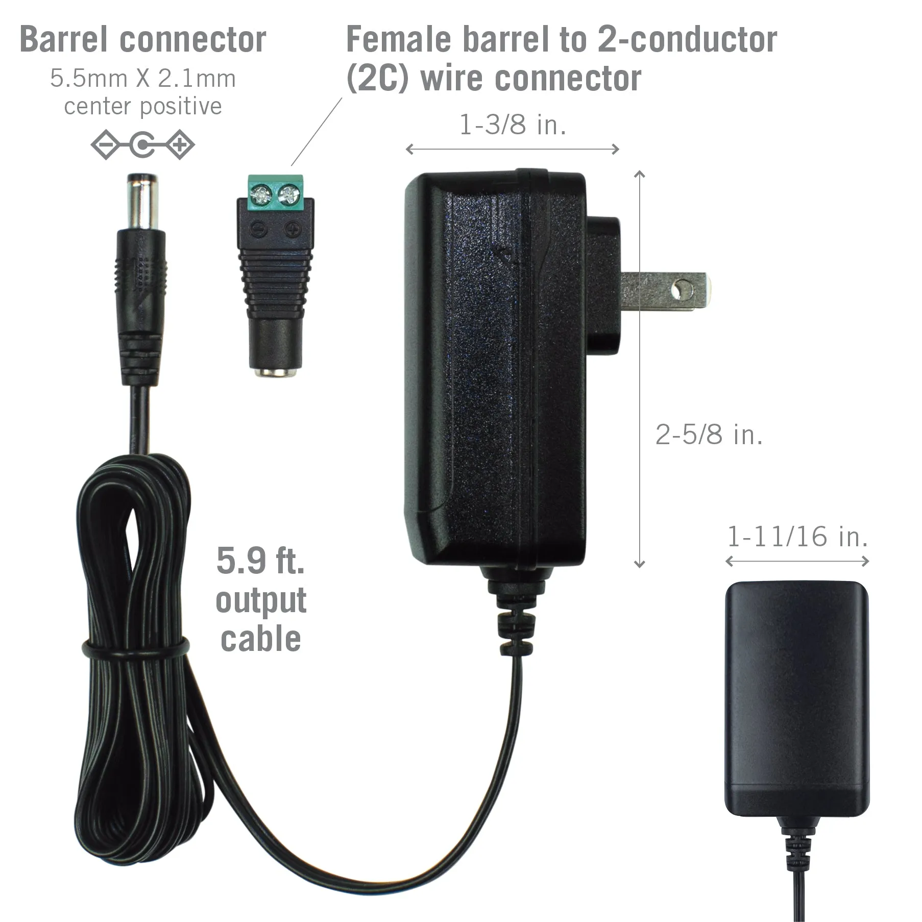 Wall Mount Power Supply Plug with Barrel & Terminal Connector 12V DC